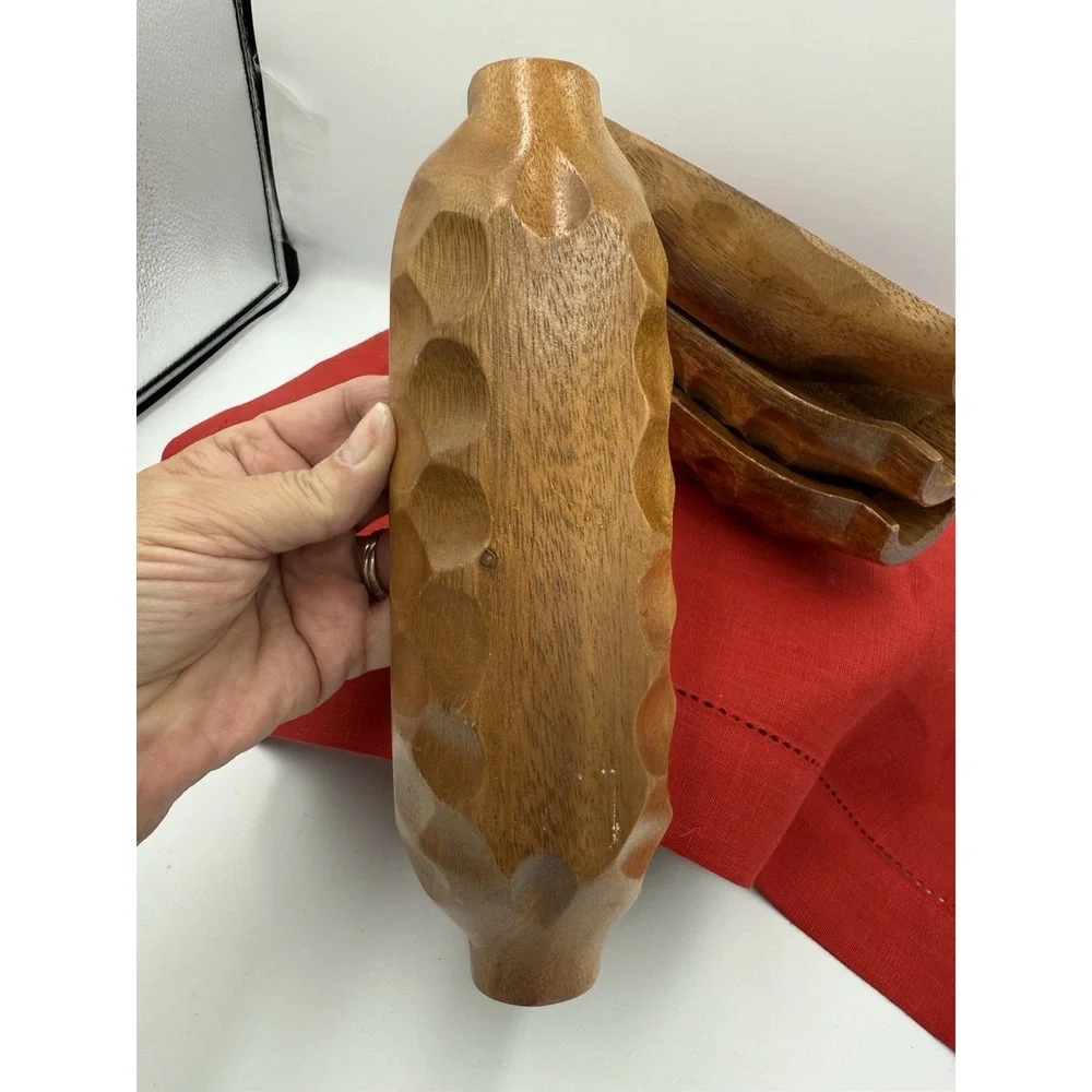 Vtg Monkey Pod Wood Canoe Bowls Set Of 4 Handcarved Mid Century Tiki Tray Boho